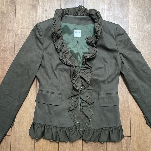 RED VALENTINO womens blazer jacket 2 olive green flared ruffle hem safari - Picture 6 of 14